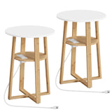 HOOBRO Set of 2 Round Side Tables with Charging Station, Round Accent End Table with Bamboo Legs for Living Room, Bedroom, White and Natural YW101UBZP201 HOOBRO