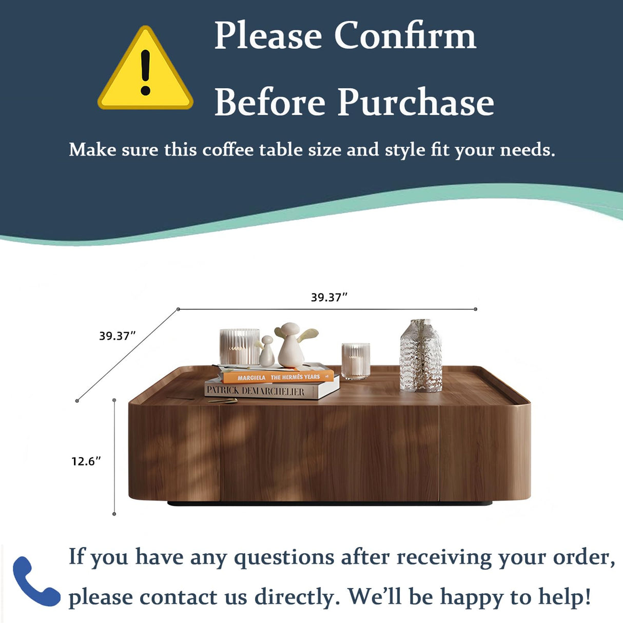 Luxury Walnut Wood Square Coffee Table with Large Hidden Storage, Expandable Tabletop Center Table for Living Room, Modern Accent Table with Drawers (39.37" Walnut Square Coffee Table) WuerQi