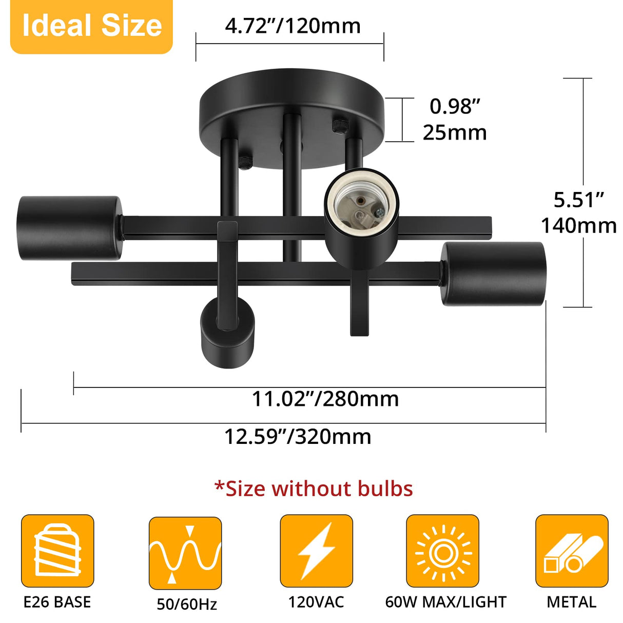 SunRider Industrial 4-Light Semi Flush Mount Ceiling Light Fixture, Modern Farmhouse Lights Matte Black, Rustic Sputnik Chandelier for Bedroom Foyer SunRider
