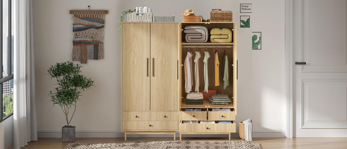 Mxtxmy Armoire Wardrobe Closet with 2 Fluted Doors,64.96" Wooden Clothes Storage Cabinet with Hanging Rod and Shelf Storage (Natural) (Natural) Mxtxmy
