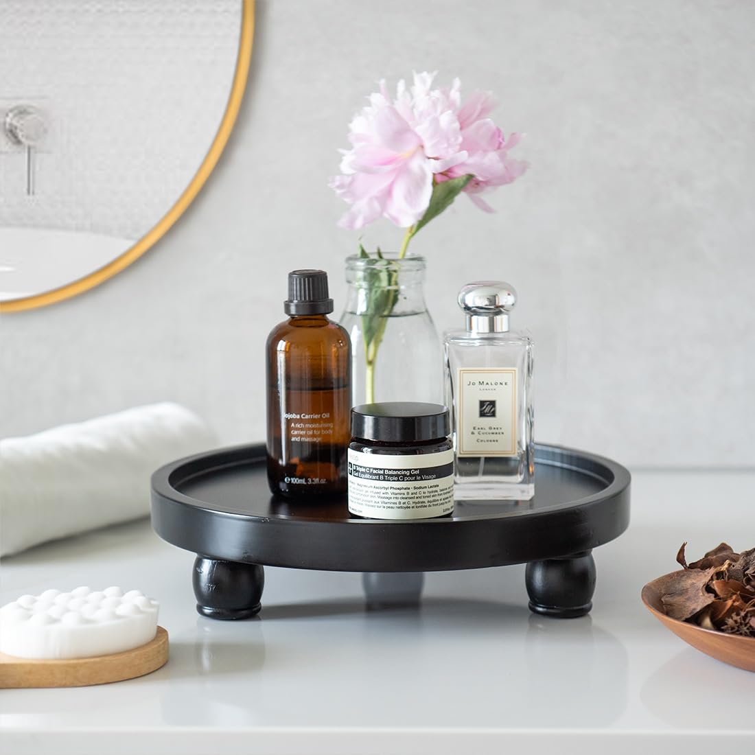 ROSE BLOOM Modern Wood Riser for Display, Farmhouse Pedestal Stand for Bathroom Counter, Kitchen Round Display Tray, Waterproof Organizer for Soap Home Decor (Black) ROSE BLOOM
