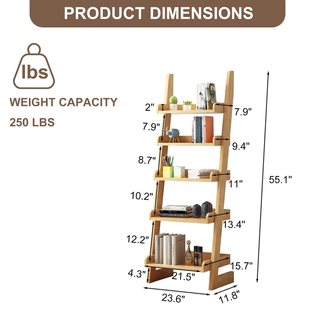 BFECGDXT 5 Tier Ladder Bookshelf, Wooden Ladder Shelf Bookcase Space-Saving, Freestanding Storage Rack Organizer for Living Room, Home Office and Bedroom, Wood Color BFECGDXT