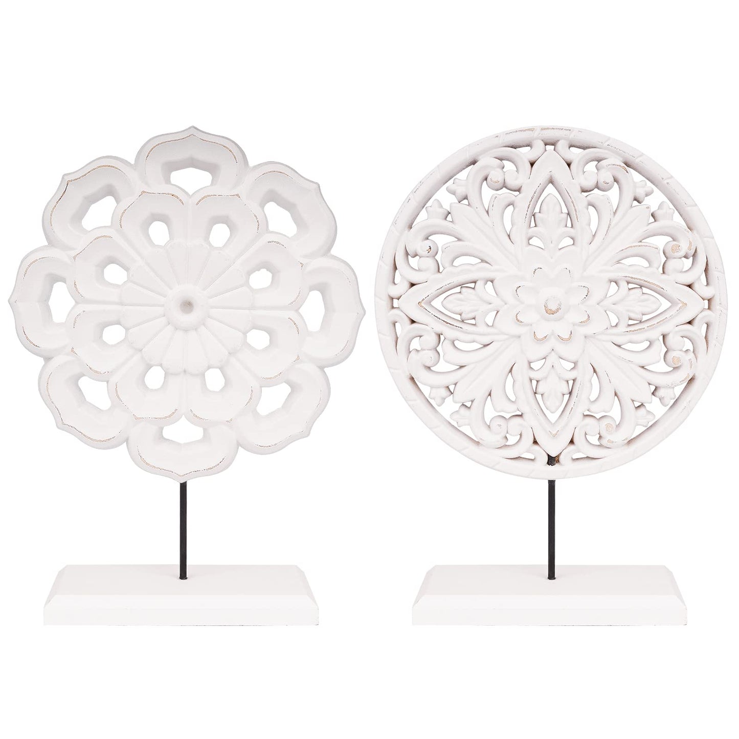 AXEARTE 2 Pack Wooden Carved Cutout Flower Medallion Sculpture, Rustic Distressed White MDF Statues Home Tabletop Decor, Decorative Ornaments for Living Room, Bedroom, Office Desktop, Cabinets