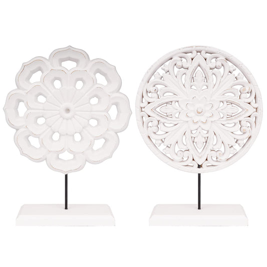 AXEARTE 2 Pack Wooden Carved Cutout Flower Medallion Sculpture, Rustic Distressed White MDF Statues Home Tabletop Decor, Decorative Ornaments for Living Room, Bedroom, Office Desktop, Cabinets