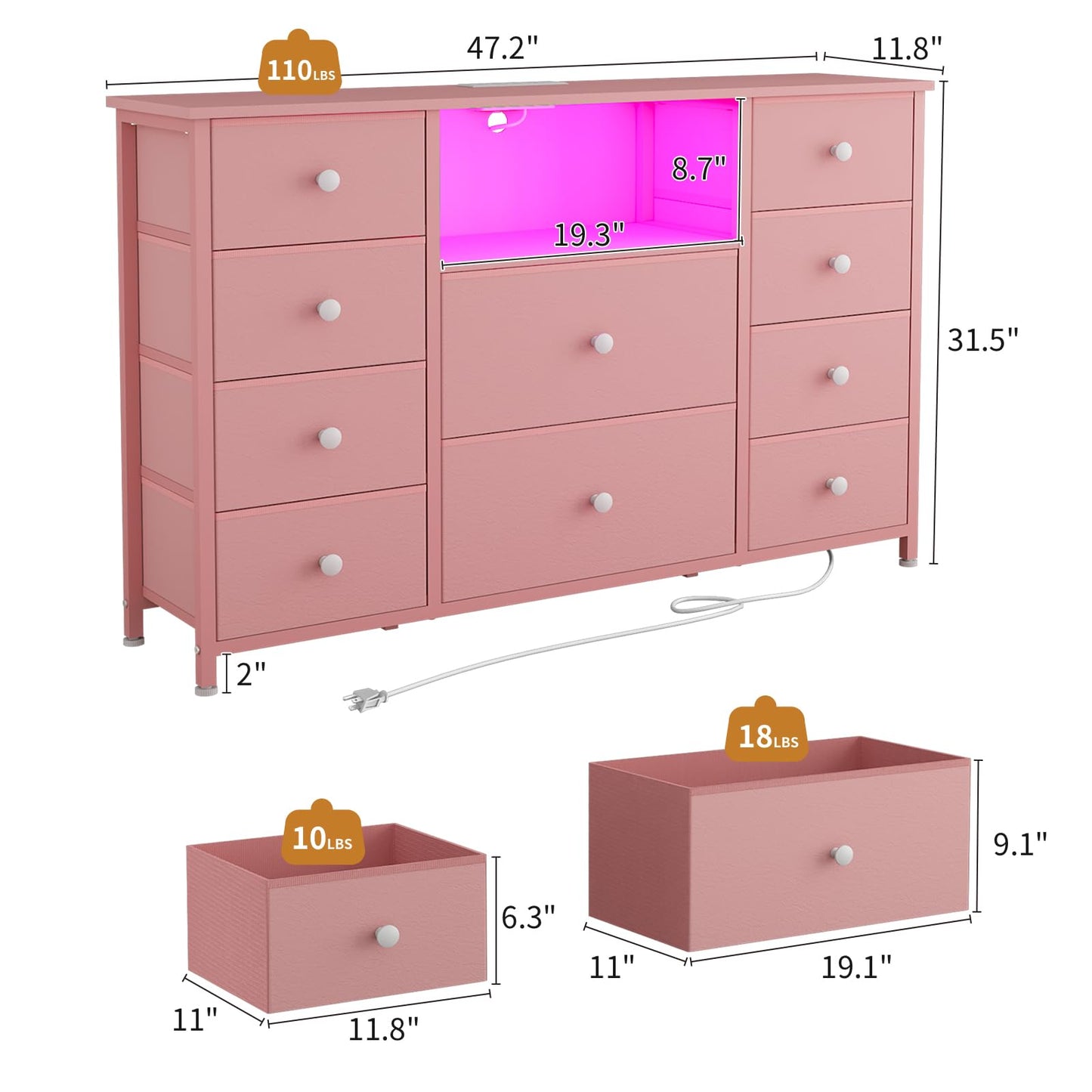 LDTTCUK Dresser with Charging Station and LED Lights, Pink Dresser for Girls Bedroom, Bedroom Long Dresser TV Stand with 10 Drawers, Fabric Wide Dresser Storage Organizer for Hallway, Kids Room