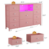 LDTTCUK Dresser with Charging Station and LED Lights, Pink Dresser for Girls Bedroom, Bedroom Long Dresser TV Stand with 10 Drawers, Fabric Wide Dresser Storage Organizer for Hallway, Kids Room LDTTCUK