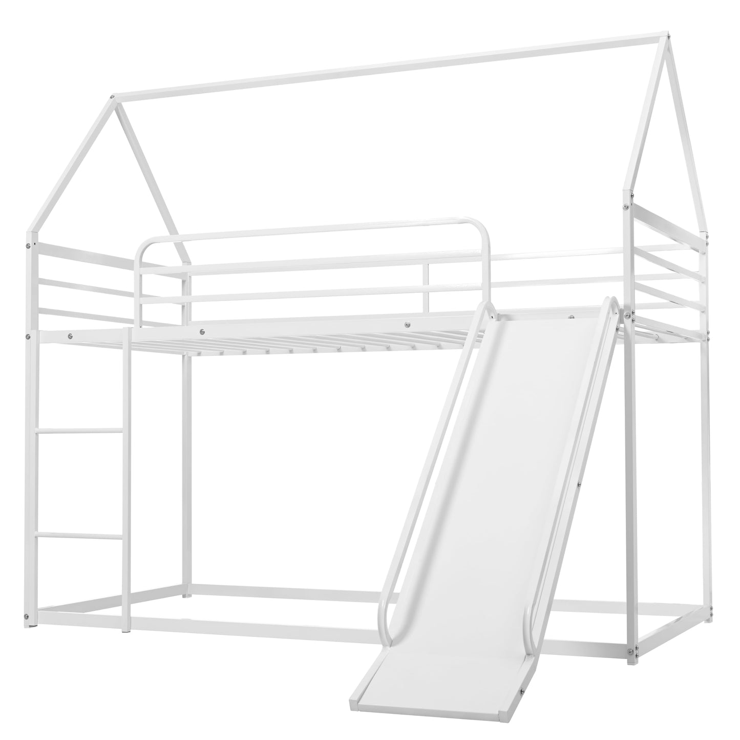 NKISHECK Metal Twin Over Twin Bunk Bed with Slide, Low House Bunk Bed for Girls Boys, White