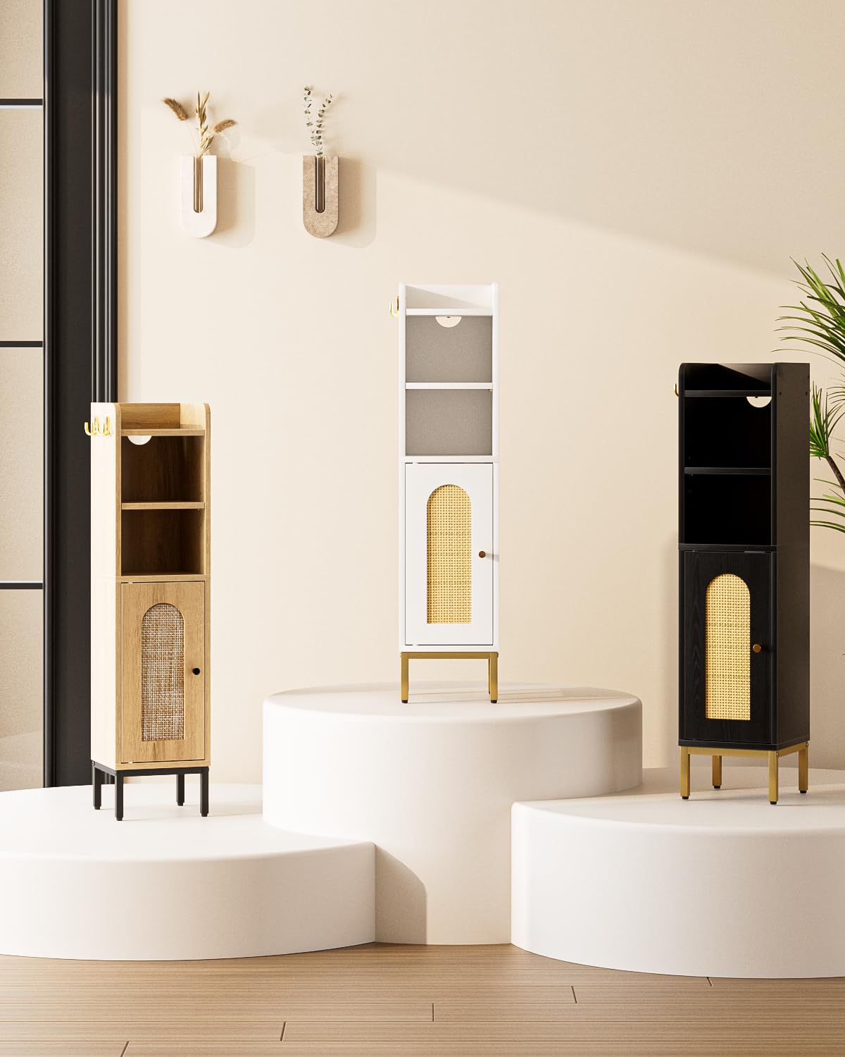 AEPOALUA Bathroom Storage Cabinet, Small Corner Floor Hutch with 2Hooks,Narrow Toilet Paper Cabinet with Rattan Door,Bathroom Organizer with Adjustable Shelf, for Small Spaces,Oak AEPOALUA