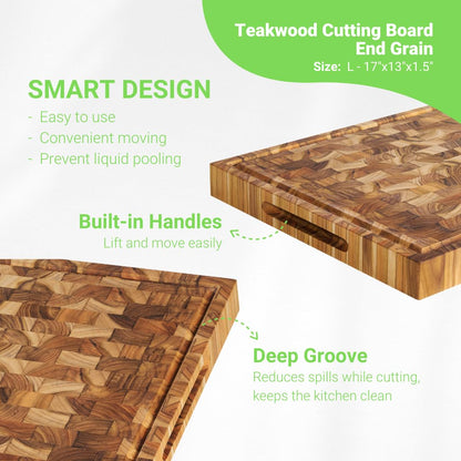 VIETGREEN Durable Teak wood End Grain Cutting Board Sturdy Reversible Teakwood Chopping Board Non-slip Natural Pre-oiled Cutting Board Gifts Sustainable Wooden Carving Board for Kitchen