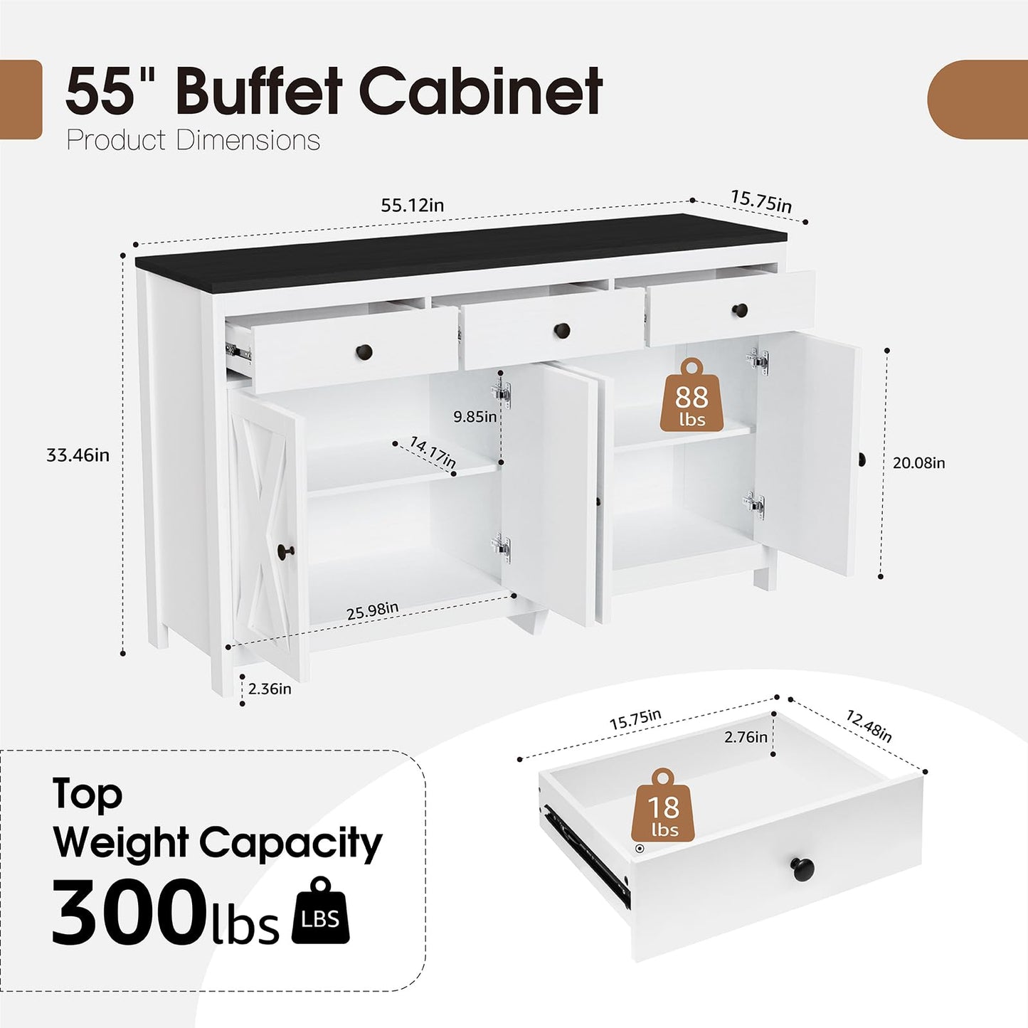 Redlife Farmhouse Sideboard Buffet Cabinet with Storage, Wood Coffee Bar Cabinet, 55" Sideboard with 3 Drawers, Farmhouse Buffet Cabinet for Dinning Room, Kitchen, Living Room, White - WoodArtSupply