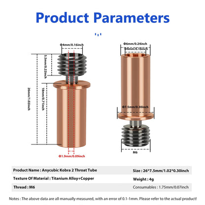 2PCS 3D Printer Extruder Copper Titanium Alloy Throat Tube for Kobra 2/Kobra 2 Neo/Kobra 2 Pro/Kobra 2 Plus/Kobra 2 Max, High Temperature and Wear Resistance HeatBreak 3D Printer Replacement  - WoodArtSupply