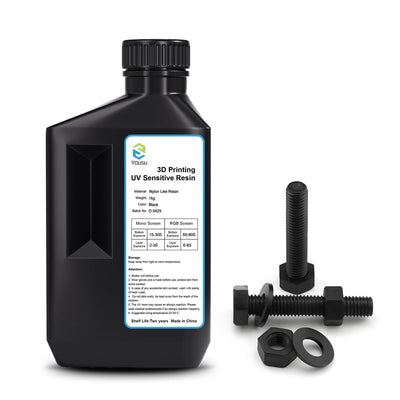YOUSU Nylon-Like Tough Resin 3D Printer Resin with High Resistance, Functional High-Resolution, 405nm UV Light Curing 3D Printing Liquid for LCD DLP 3D Printer and 8K Capable (1kg, Black)