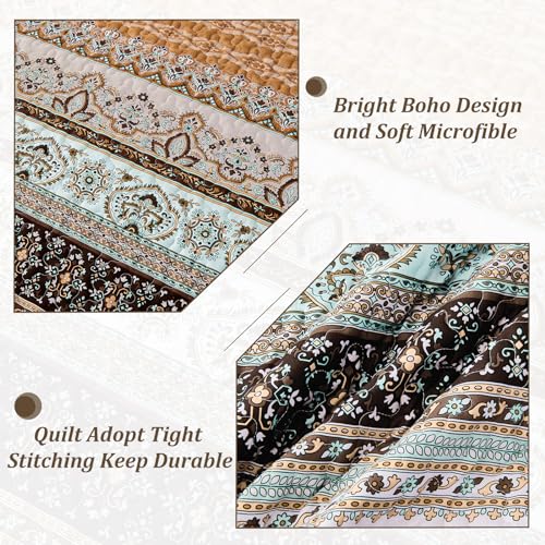 WONGS BEDDING Boho Fall Quilt Set Twin, Brown Bohemian Quilt Bedding Set, Ultra Soft Lightweight Bedspread for All Season Reversible Microfiber Coverlet Bedding Set 68"x86"(3 Pieces) WONGS BEDDING