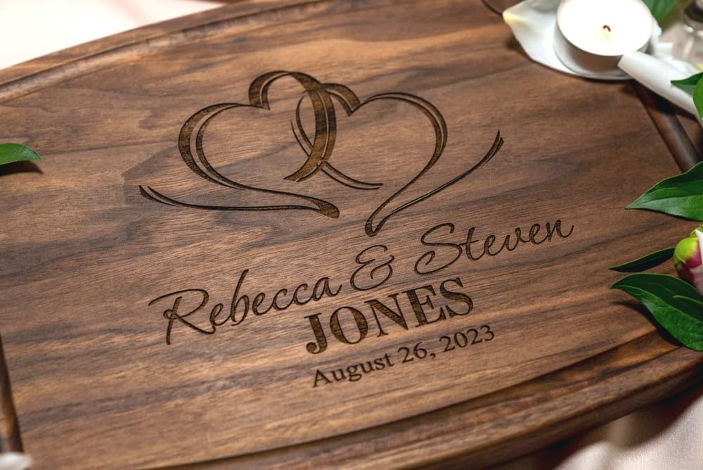 Personalized Cutting Board, Custom Wedding, Anniversary or Housewarming Gift Idea, Wood Engraved Charcuterie, for Newlyweds and Couples, Two Hearts Design 027 Wedding Gift Boutique