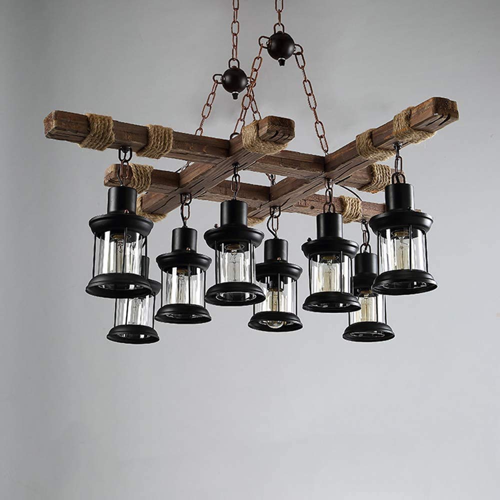 8 Lights Industrial Wooden Hanging Lighting Black Metal Chandelier Farmhouse Vintage Pendant Lamp Glass Lampshade for Pool Table Kitchen Island Bar Retro Ceiling Light Height Adjustable Fixtu - WoodArtSupply