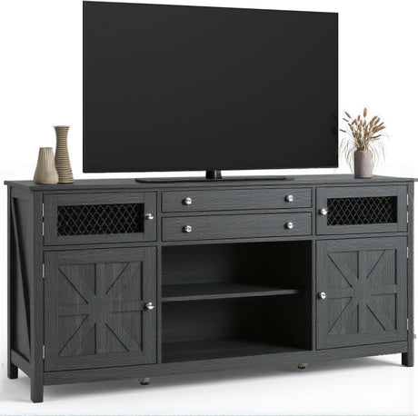 YITAHOME Farmhouse TV Stand for TVs up to 65", 59" Entertainment Center with 2 Large Drawers & Visual Grid Door, Rustic TV Media Console for Living Room, Dark Grey YITAHOME