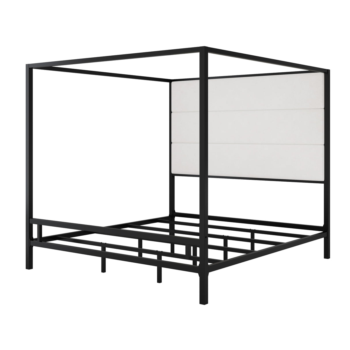 BEDGJH King Modern Canopy Bed Frame - Metal 4-Poster with Tall Linen Upholstered Headboard, Box Spring Required (Black,White, King) BEDGJH