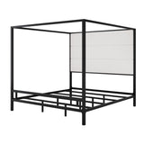 BEDGJH King Modern Canopy Bed Frame - Metal 4-Poster with Tall Linen Upholstered Headboard, Box Spring Required (Black,White, King) BEDGJH