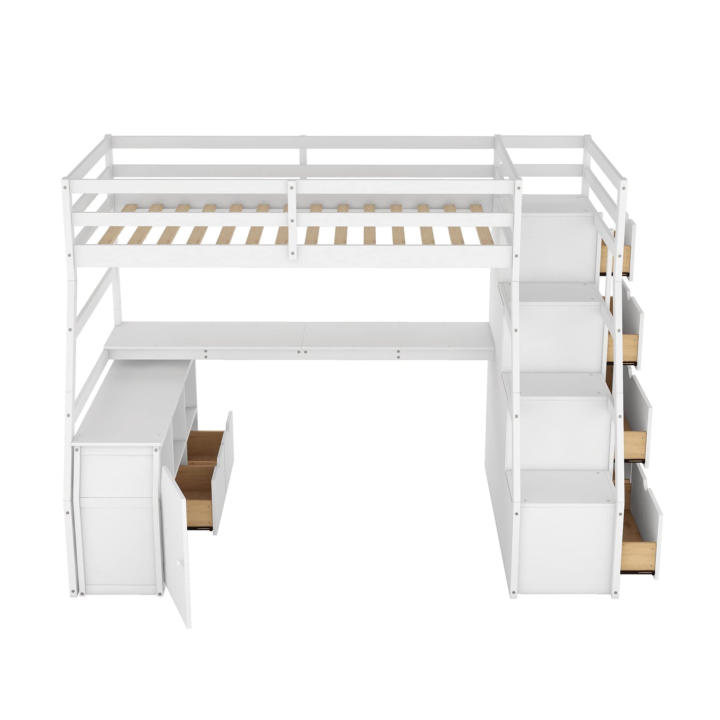 Harper & Bright Designs Twin Loft Bed with Stairs, Desk, and Storage – Solid Wood Frame in White