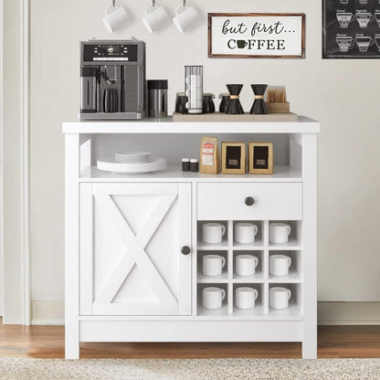 4ever2buy White Coffee Bar Cabinet with Storage, Farmhouse Buffet Cabinet with Barn Door and Wine Rack, Coffee Station with Drawer, 32 inch Coffee Bar Cabinet with Adjustable Shelf, Dining Living Room