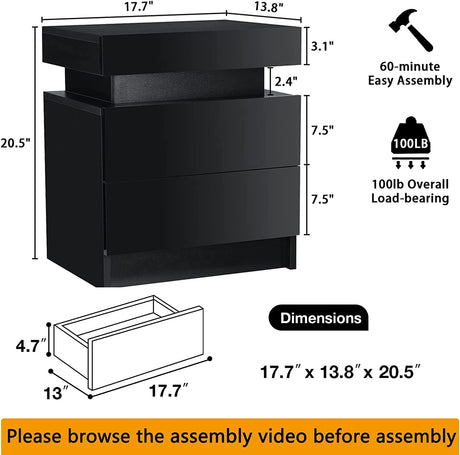HOMMPA LED Nightstand Black Nightstand with Led Lights Modern Night Stand with 2 High Gloss Drawers Led Bedside Table Smart Nightstand for Bedroom 20.5” Tall HOMMPA