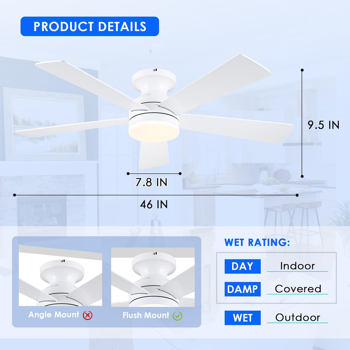 BYKISTOK White Ceiling Fans with Lights - 46" Flush Mount Low Profile Ceiling Fan Light with 5 Double-Sided Blades, 6 Speeds 3CCT Reversible Motor, Modern Ceiling Fan for Indoor/Outdoor Patios BYKISTOK