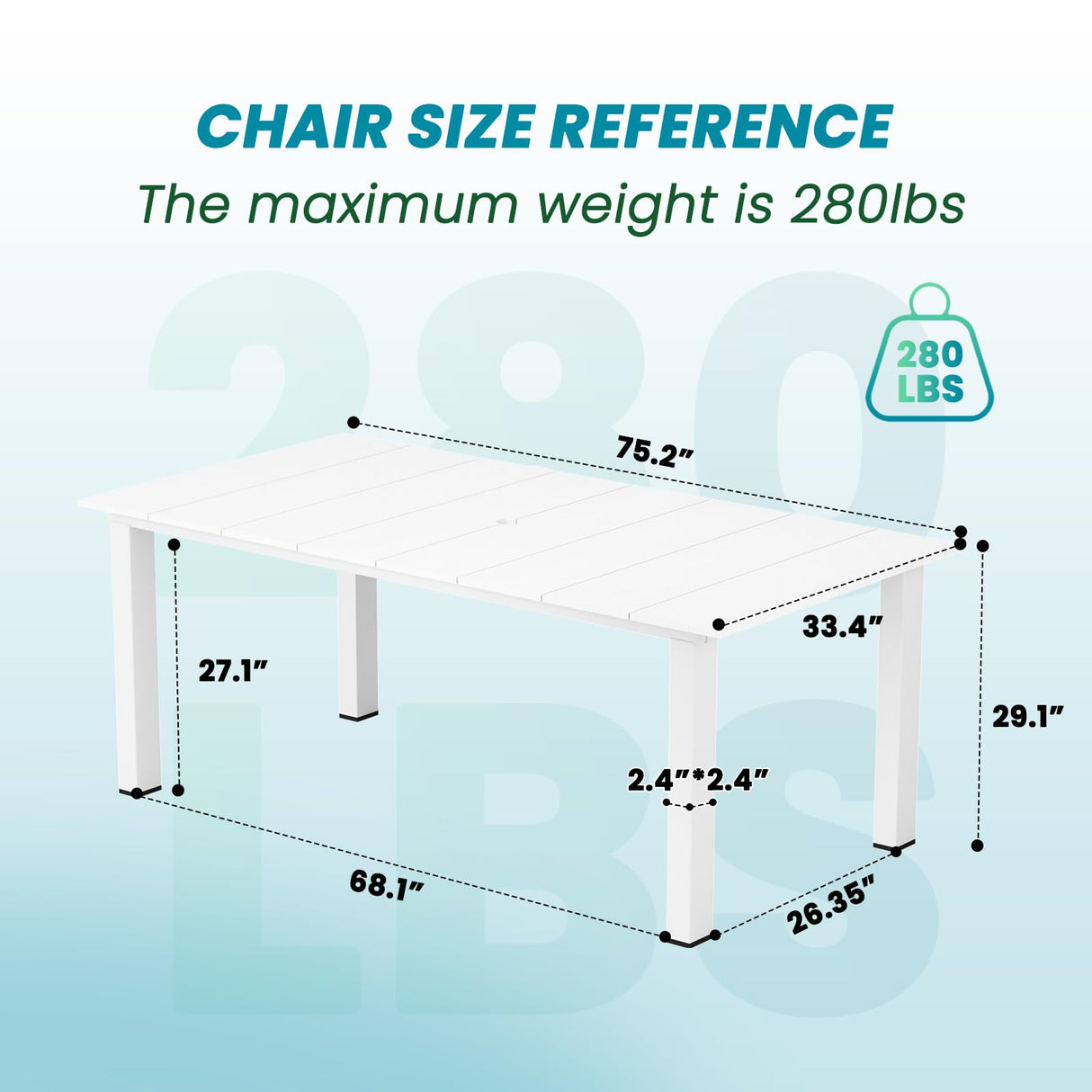LOUNZY 75.2" HDPE Rectangle Outdoor Dining Table for 8, Oversized Patio Dining Table w/ 2" Umbrella Hole,White LOUNZY