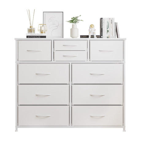 LUMTOK 10-Drawer Dresser, Fabric Storage Dressers Drawers for Bedroom, Hallway, Nursery, Closets, Steel Frame, Wood Top, Easy Pull Handle (White) LUMTOK
