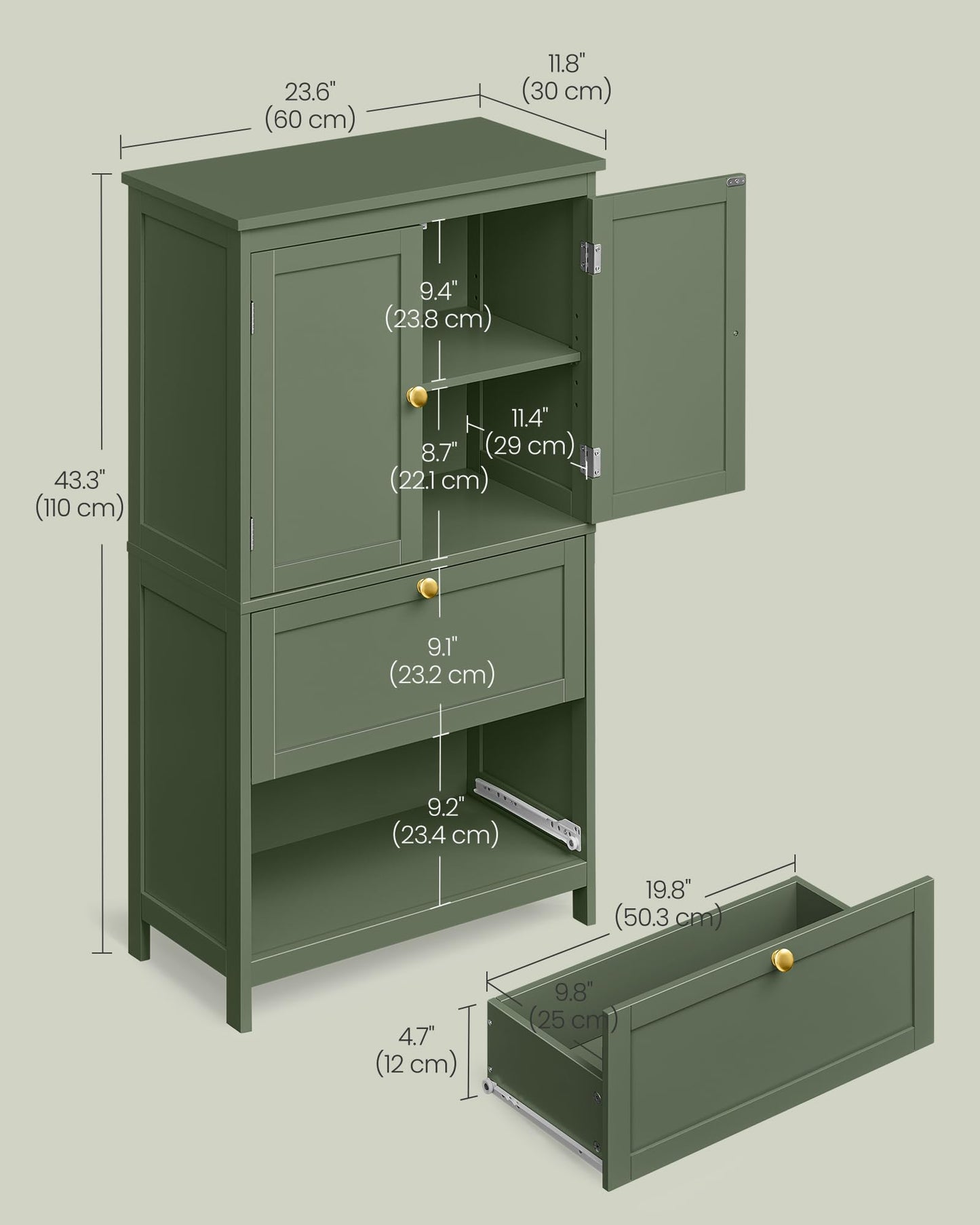 VASAGLE Bathroom Floor Storage Cabinet, Bathroom Storage Unit, Freestanding Cabinet with 2 Drawers and 2 Doors, Adjustable Shelf, 11.8 x 23.6 x 43.3 Inches, Forest Green UBBC551C01 - WoodArtSupply