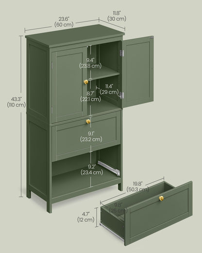 VASAGLE Bathroom Floor Storage Cabinet, Bathroom Storage Unit, Freestanding Cabinet with 2 Drawers and 2 Doors, Adjustable Shelf, 11.8 x 23.6 x 43.3 Inches, Forest Green UBBC551C01 - WoodArtSupply