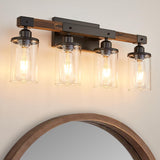 Feohak 4-Light Bathroom Vanity Light, Farmhouse Bathroom Light Fixtures Over Mirror, Rustic Industrial Wood Black Wall Lamp Sconce Light with Clear Glass Shade Feohak