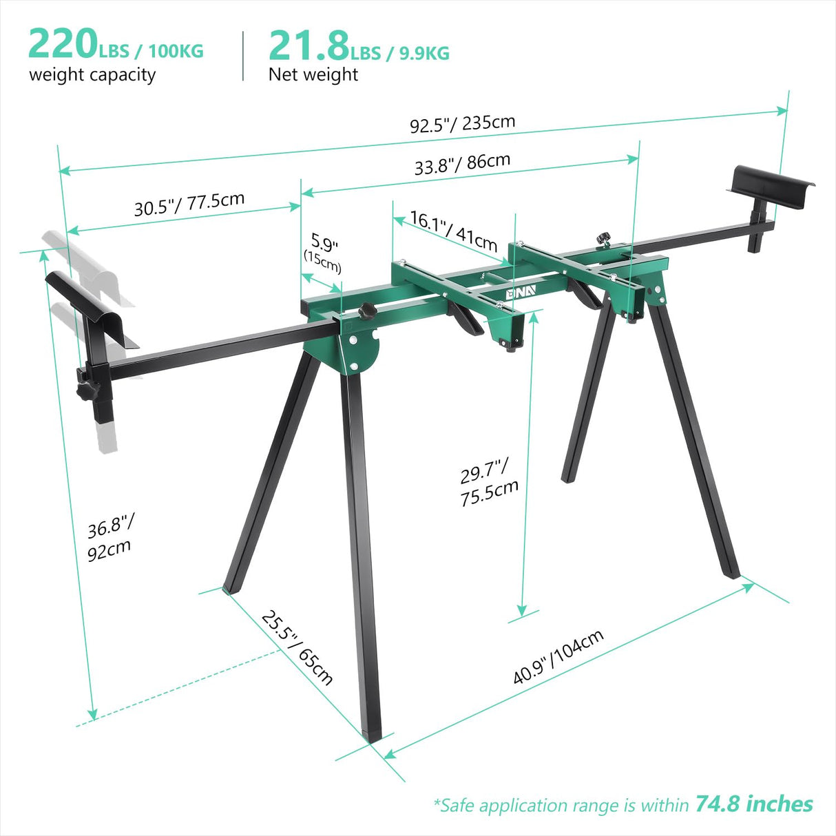 DNA MOTORING Miter Saw Stand Quick Attach Tool Compact & Folding, 220LB Capacity, Max. Sliding Rail 92.5", Quick Release Mounting Brackets, Green, TOOLS-00463 DNA MOTORING