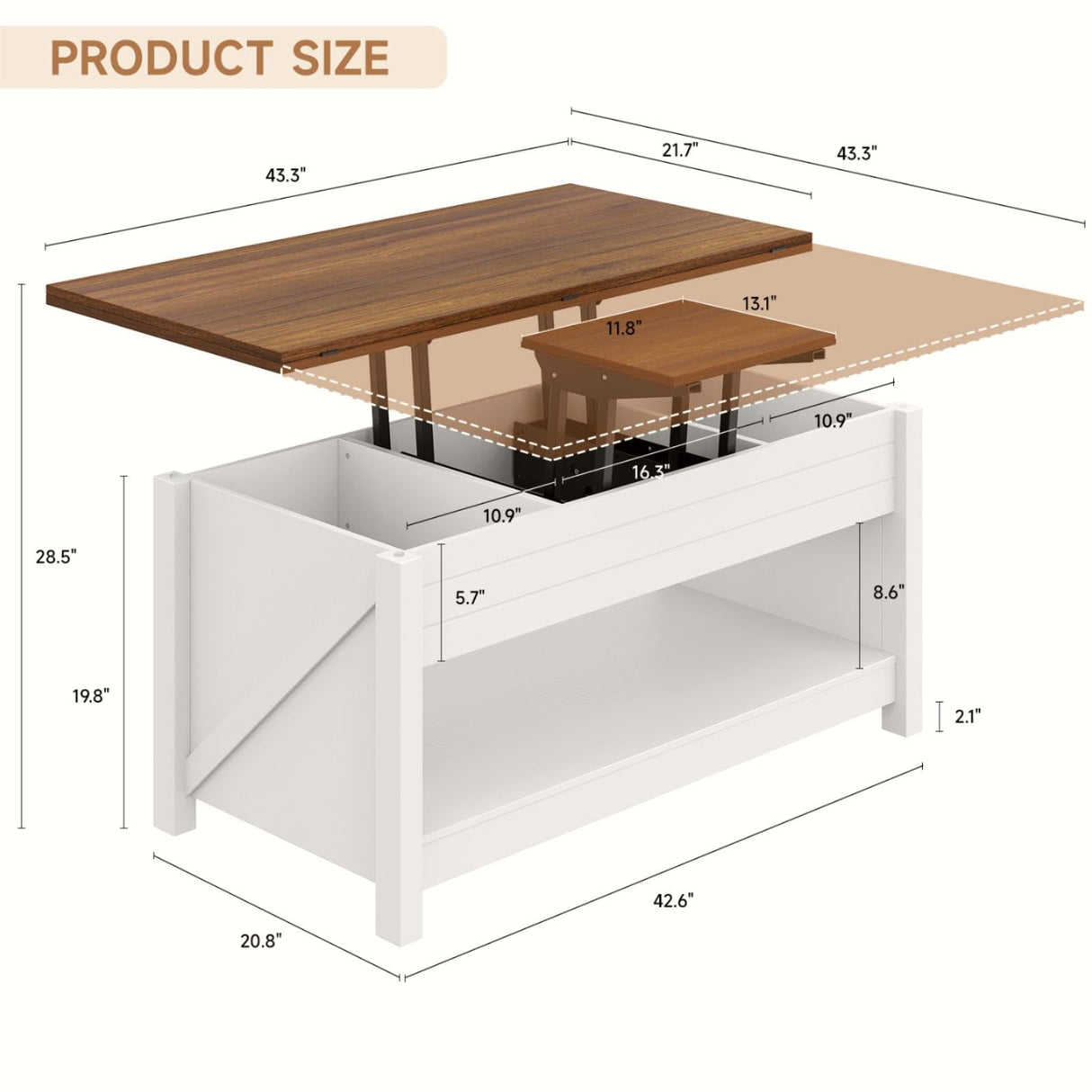 ONBRILL Lift Top Coffee Table, 3 in 1 Multi-Functional Coffee Table with Storage and Hidden Compartments, Farmhouse Rectangular Convertible Coffee Table to Dining Table for Living Room, White ONBRILL