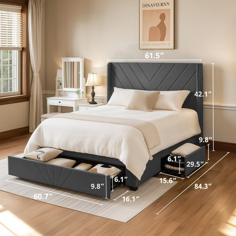 COMHOMA Queen Bed Frame with Headboard and USB & Type-C Charging Ports,Storage Drawers,Modern Upholstered Platform Frames with Padded Headboard, Heavy Duty Structure,No Box Spring Needed,Dark Grey COMHOMA