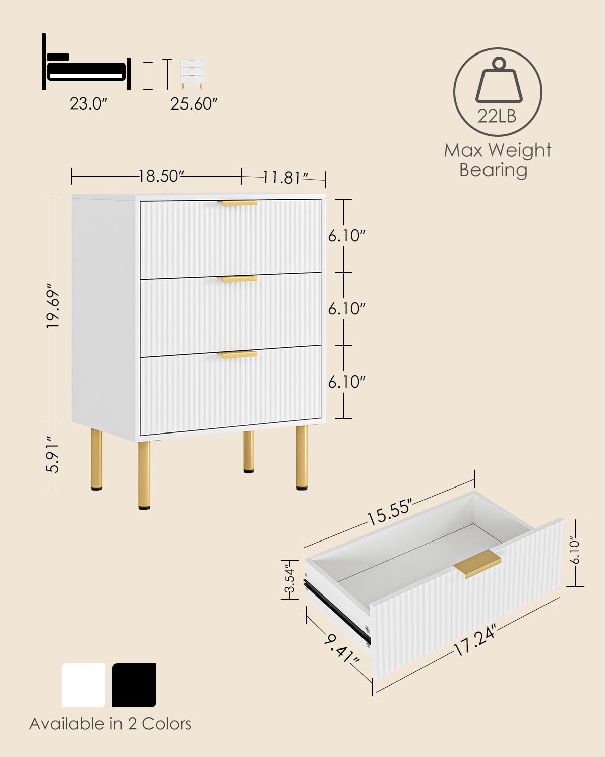 AEPOALUA Nightstand with 3 Drawers,Fluted Bedside Table with Gold Frame,25.7" H White Night Stand,Mid Century Modern Side Accent Table for Bedroom,Living Room AEPOALUA