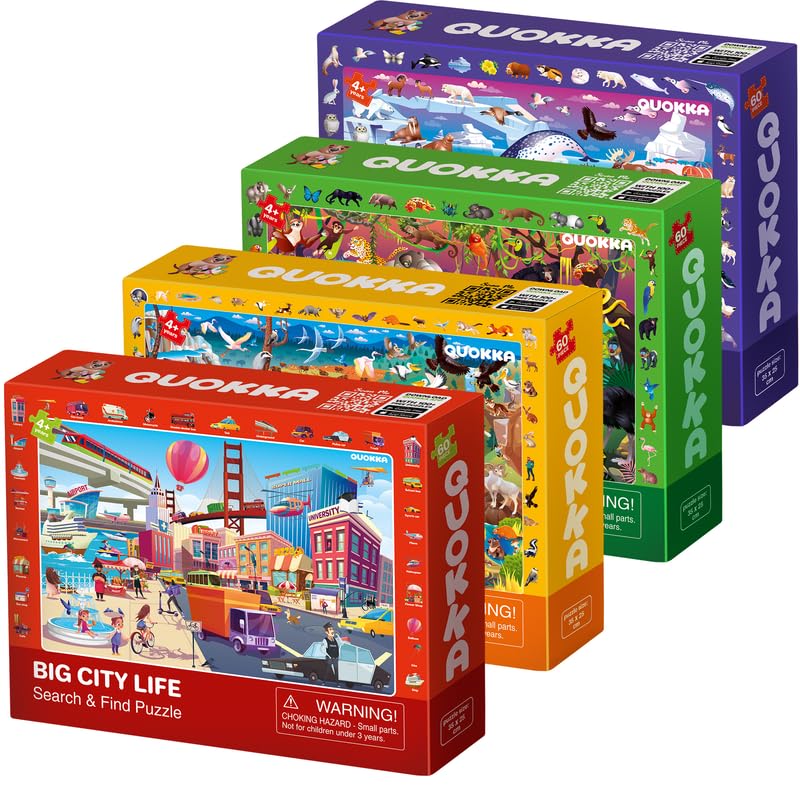 QUOKKA Puzzles for Kids Ages 4-6 - 4 x 60 Puzzles for Toddlers 5-8 - Educational Search & Find Toy for 8-10 yo for Learning Forest Polar, USA National Park Animals & City Life QUOKKA