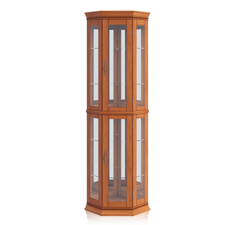 BELLEZE Lighted 3-Side Glass Display Curio Cabinet w/Tempered Glass Doors and Shelves, Accent Wooden Corner Cabinet with Bulb, Corner Storage Decoration Rack for Living Room & Bedroom - Corona (Oak) BELLEZE