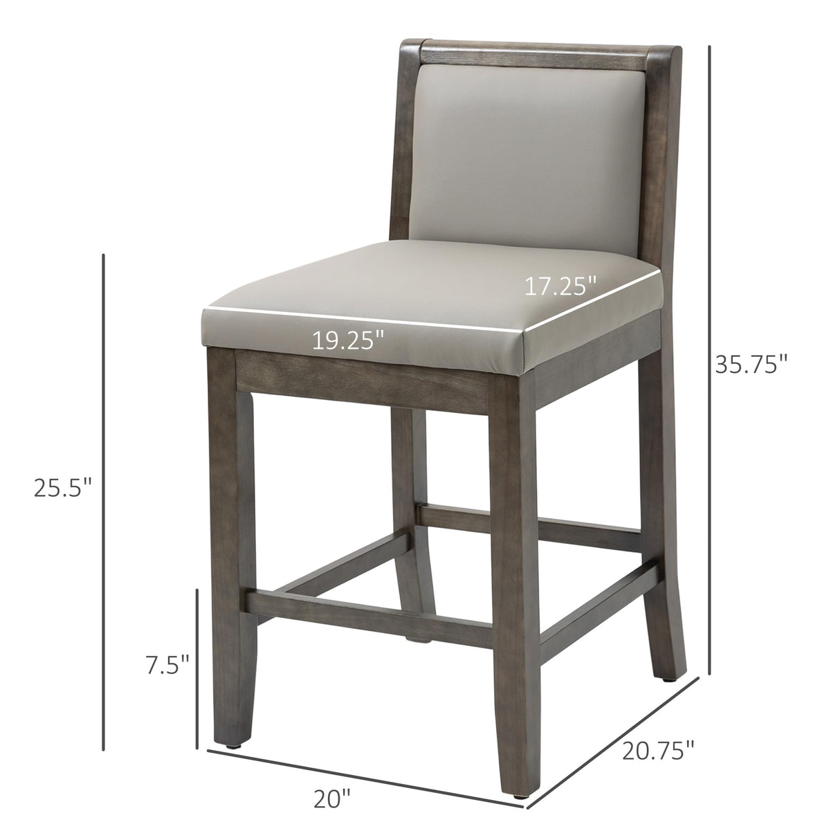 HOMCOM Set of 2 Grey PU Leather Counter Height Bar Stools with Back and Wood Legs HOMCOM