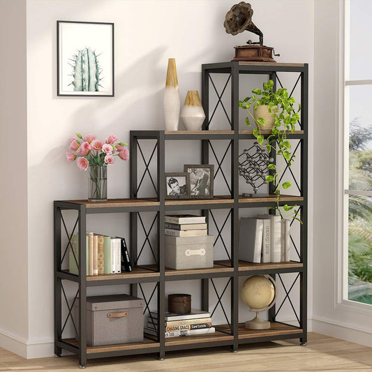 Tribesigns Rustic Brown 12-Shelf Industrial Ladder Corner Bookcase with 9 Cubes - WoodArtSupply