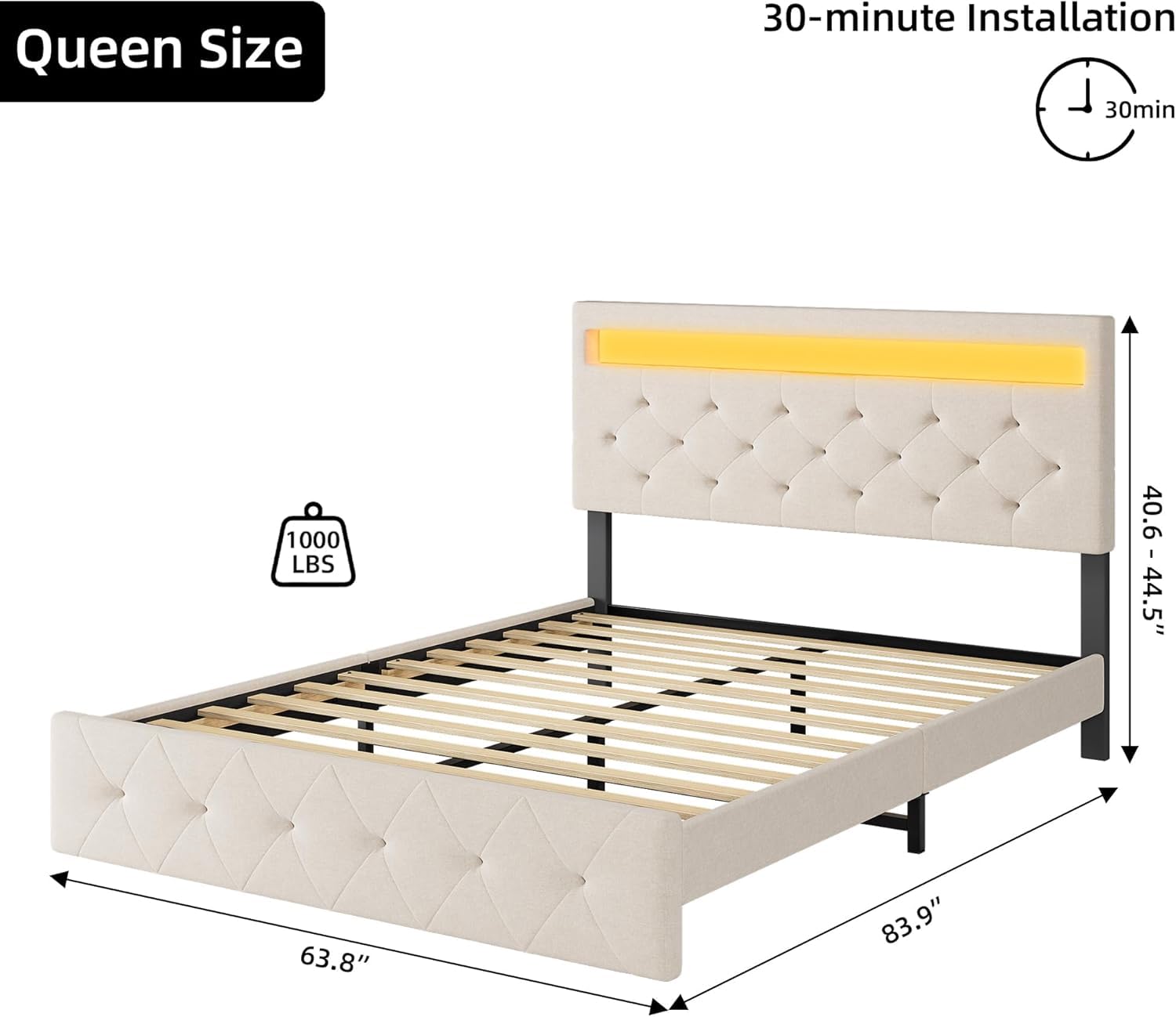 GarveeHome Queen Size Upholstered Bed Frame with Adjustable Headboard, Charging Station, and RGB LED Lights - WoodArtSupply