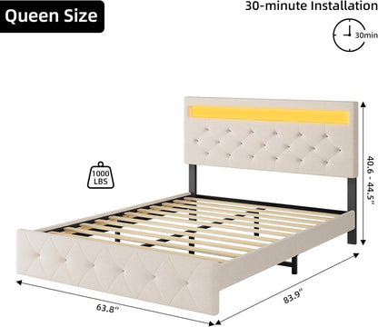 GarveeHome Queen Size Upholstered Bed Frame with Adjustable Headboard, Charging Station, and RGB LED Lights - WoodArtSupply