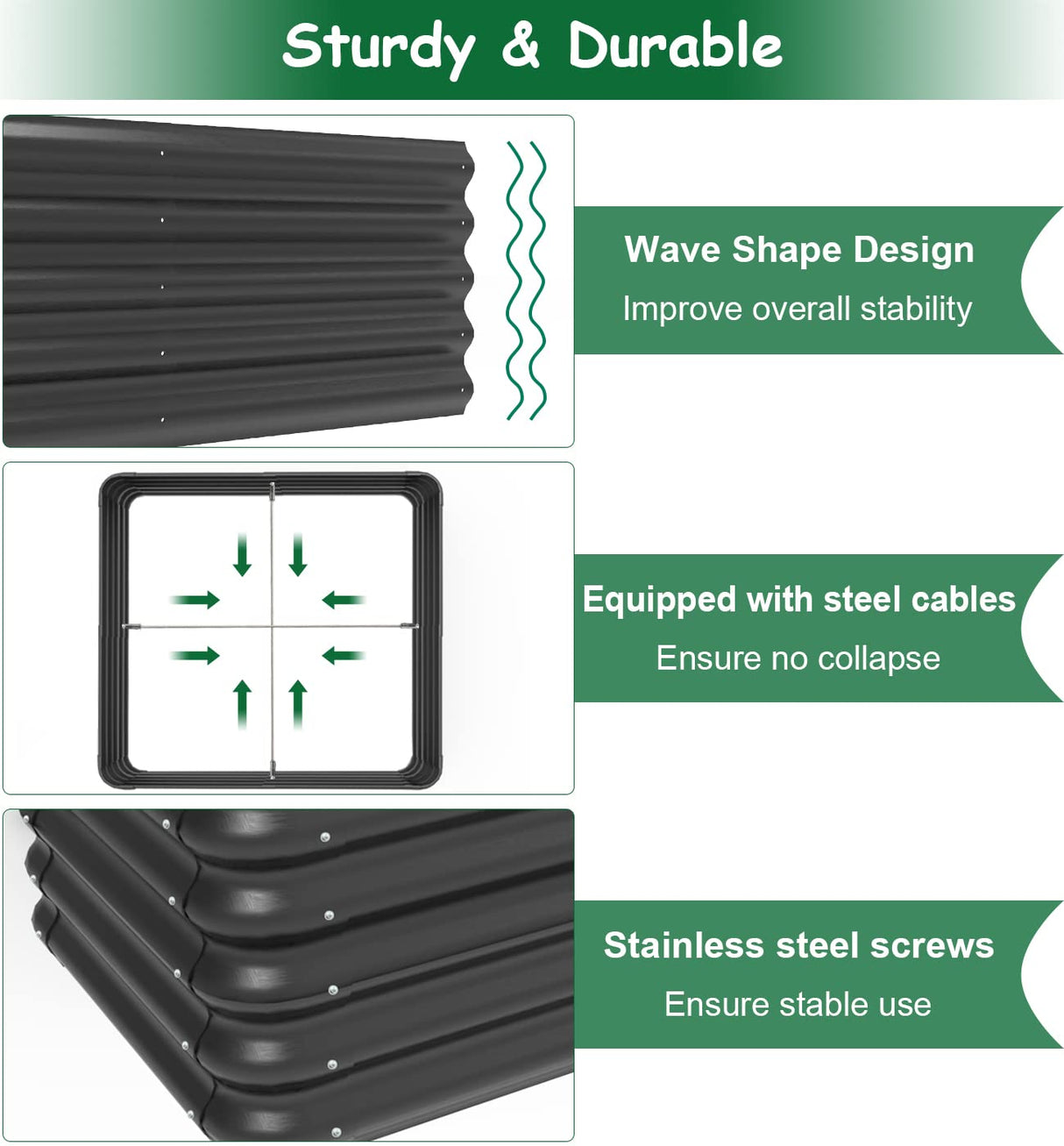 waaliji 3x3x1 FT Raised Garden Bed with Steel Cable, Elevated PP Planter Box Stand for Gardening, Backyard Patio Ground Raised Bed for Planting Vegetables Flower Herb and Succulents, Black waaliji