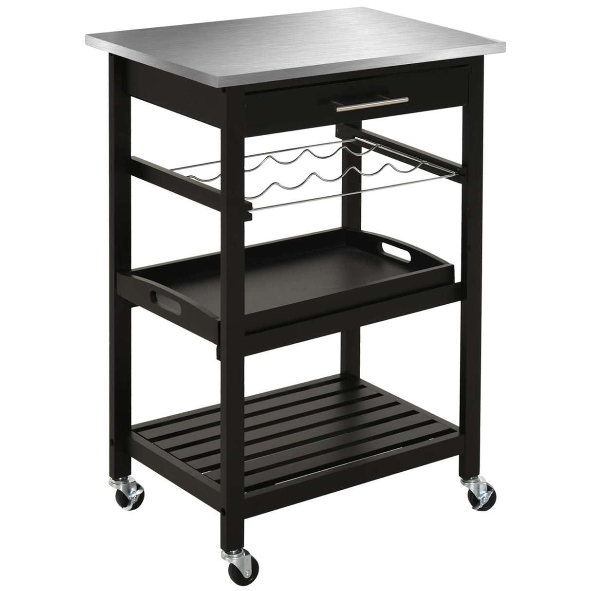 HOMCOM Kitchen Island Cart Rolling Trolley Utility Serving Cart with Stainless Steel Tabletop, Wine Rack & Drawer HOMCOM
