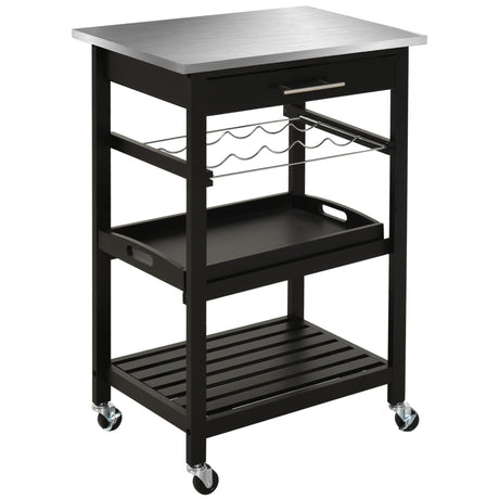 HOMCOM Kitchen Island Cart Rolling Trolley Utility Serving Cart with Stainless Steel Tabletop, Wine Rack & Drawer HOMCOM
