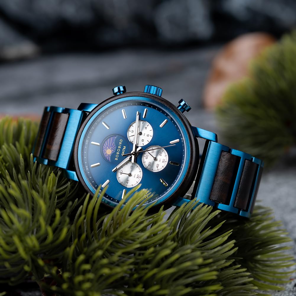 2win Engraved Wood Watch for Men Multifunctional Chronograph Custom Personalized Anniversary Watches Gifts for Him Husband Groomsmen Dad Boyfriend (A-for Son from Mom) 2win