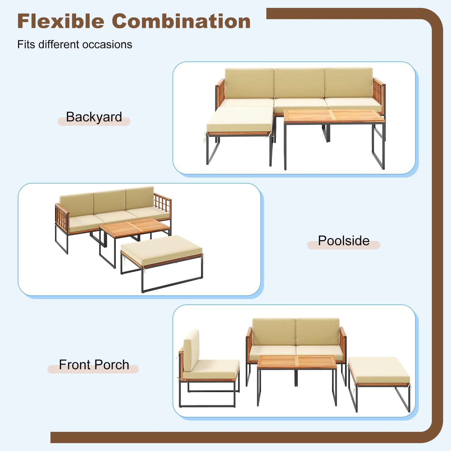 Tangkula 5 Piece Patio Furniture Set, Acacia Wood Sectional Set with Heavy-Duty Metal Frame, Comfy Seat & Back Cushions, Outdoor Wood Conversation Chair Set for Poolside, Porch, Backyard (Bei - WoodArtSupply