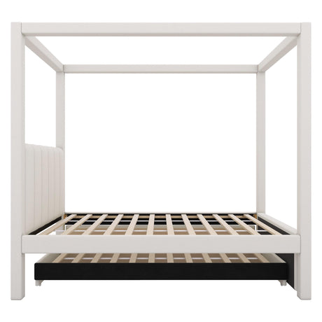 Twin Size Canopy Bed with Trundle and 3 Storage Drawers, Modern Upholstery Canopy Platform Bed with Backrest and Wood Slat Support, Beige Wood Canopy Bed for Kids Teens Adults (Twin) AYJOIR