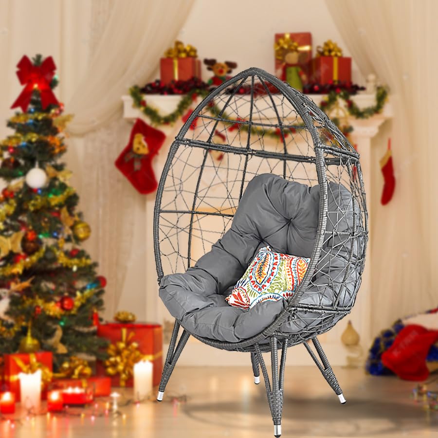 Temminkii Outdoor Patio Wicker Egg Chair Oversived Indoor Basket Rattan Chair with Stand,4''Cushion 410bls Capacity for Backyard Balcony Bedroom (Gray) Temminkii