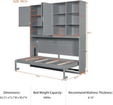 Twin Horizontal Murphy Bed with Storage Cabinet, LED Light and Charging Station,Wood Folding Murphy Wall Bed Cabinet with Bookcase and Shelves for Adult (Grey) MERITLINE