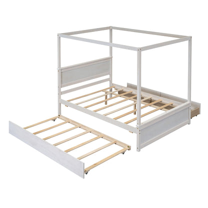 Full Size Canopy Bed with Trundle and 2 Storage Drawers, 4-Post Wood Full Platform Bed Frame with Headboard, No Box Spring Needed (Full, Brushed White)